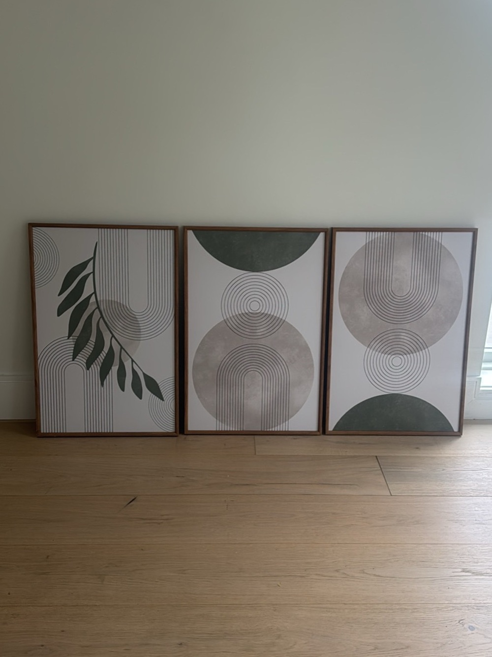 Set of 3 Geometric Botanical Wall Art Prints in Green and Taupe